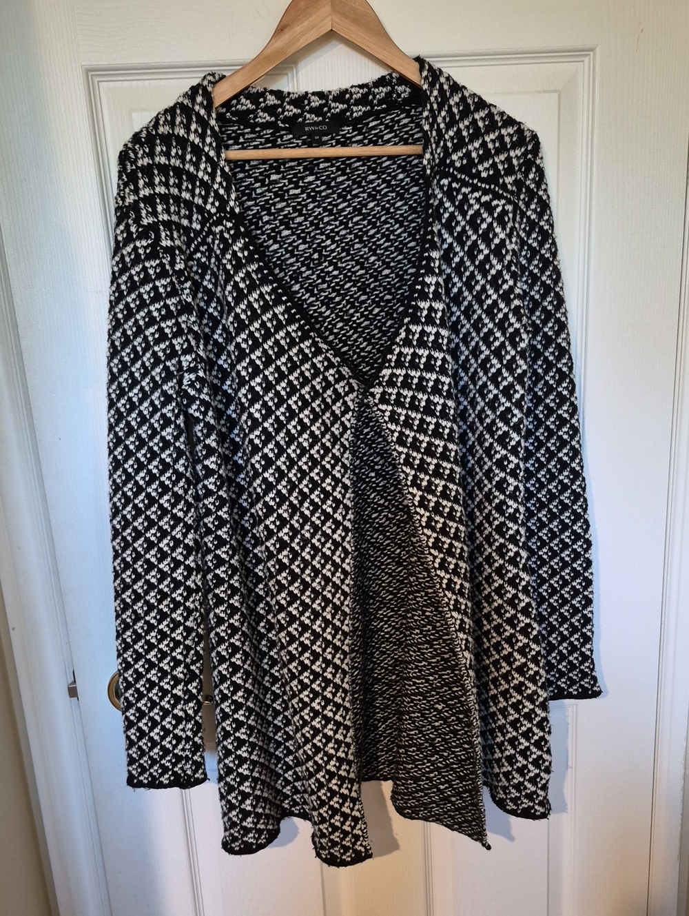 RW&CO Black White Geometric Open Front Long Cardigan Sweater Small S Wool Blend